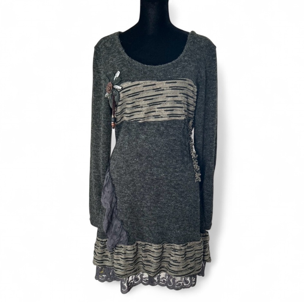 JONH FASHION Gray Long Sleeve Sweater Wool  Dress M-L, Art-to Wear W/ Boho Vibe.